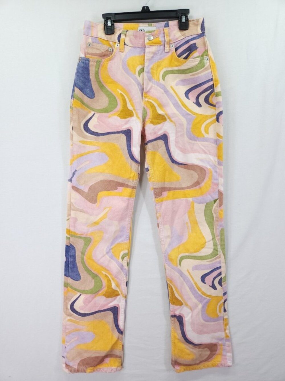 Zara Women Size 4 (27x31)  Straight Jeans Abstract Swirl Print Button Fly Denim